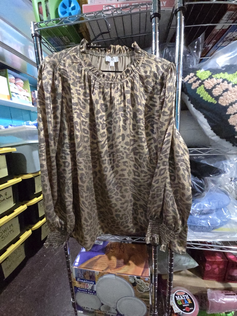 New 1X Oddi Leopard Print Long-Sleeve Peasant Blouse - Brown